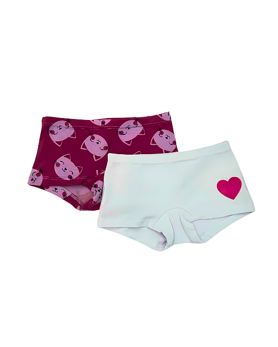 Kit 2 Calcinhas Boxer Infantil Gatinha Corações