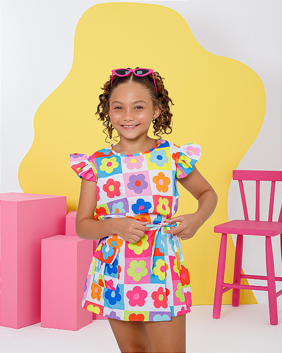 Conjunto Infantil Meninas Shorts Saia Meninas Flores