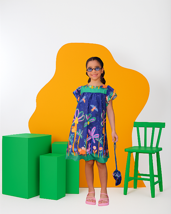 Vestido Infantil Menina Céu Estrelado com Bolsinha