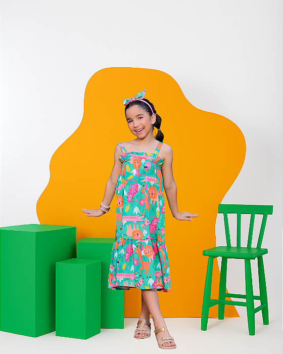 Vestido Infantil Menina Festa Na Floresta Verde (Acompanha Tiara com Laço)