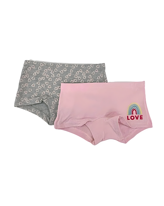 Kit 2 Calcinhas Boxer Infantil Corações e Arco-íris