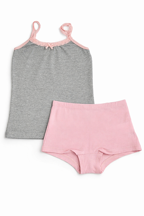 Conjunto Camisete e Calcinha Boxer Meninas em Algodão Cinza e Rosa 12 a 16 Anos