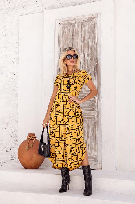 Vestido Longo Barra Redonda Fig Geometricas