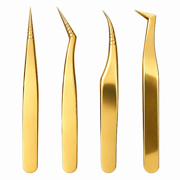 Kit 4 Pinças Para Extensão de Cílios Lash Designer Douradas
