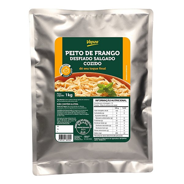 Peito de Frango Desfiado Salgado Cozido Vapza 1kg
