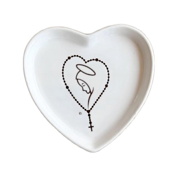 Mini Porta Joia de Porcelana Coração Terço Nossa Senhora 8,5cm