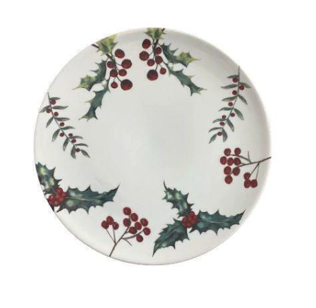 Prato Raso Em Porcelana Branca 26cm Estampa Azevinho