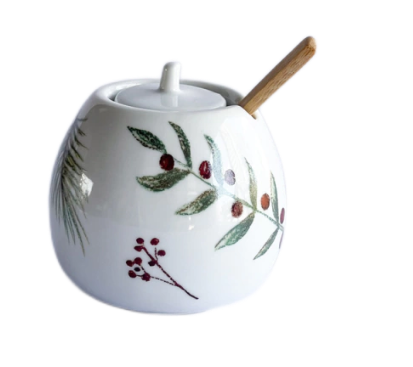 Açucareiro em Porcelana Branco 250ml Estampa Azevinho