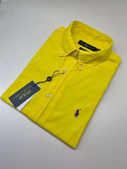 Camisa Social Oxford Manga Curta Amarelo Logo Clássico