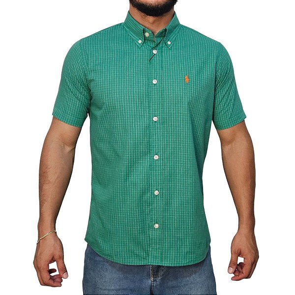 Camisa Ralph Lauren Quadriculada Dupla Listras Verde Logo Clássico Laranja