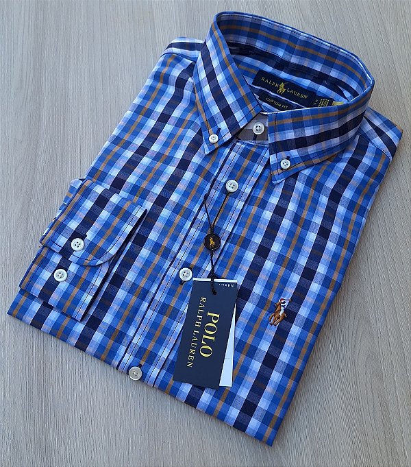 Camisa Ralph Lauren Xadrez Manga Longa Azul Logo Colorido