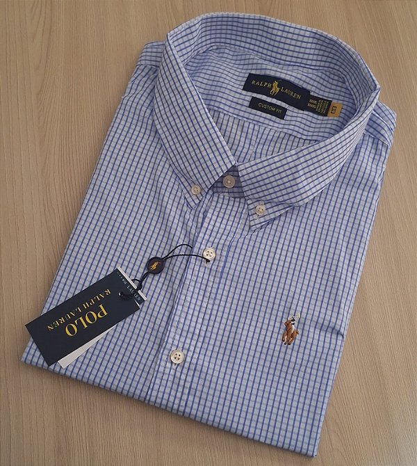 Camisa PRL Xadrez Manga Curta Azul Claro Logo Colorido