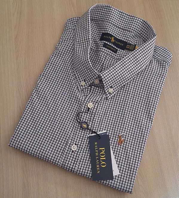 Camisa PRL Xadrez Manga Curta Branco Listras Preto Logo Colorido