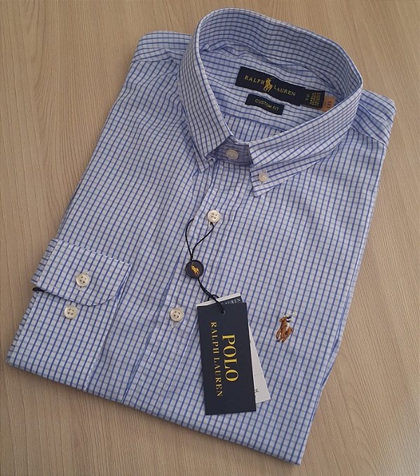 Camisa PRL Xadrez Manga Longa Azul Claro Logo Colorido