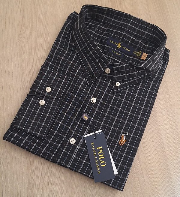 Camisa PRL Xadrez Manga Longa Preto Listras Branco Logo Colorido