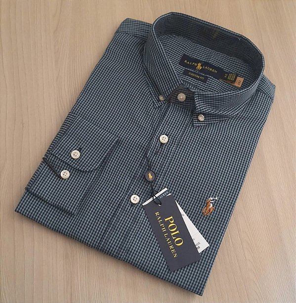 Camisa PRL Xadrez Manga Longa Verde Xadrez Preto Logo Colorido