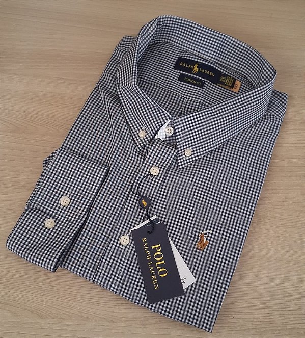 Camisa Ralph Lauren Micro Xadrez Médio Manga Longa Preto Logo Colorido