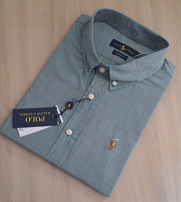 Camisa Ralph Lauren Micro Xadrez Manga Curta Verde Logo Colorido