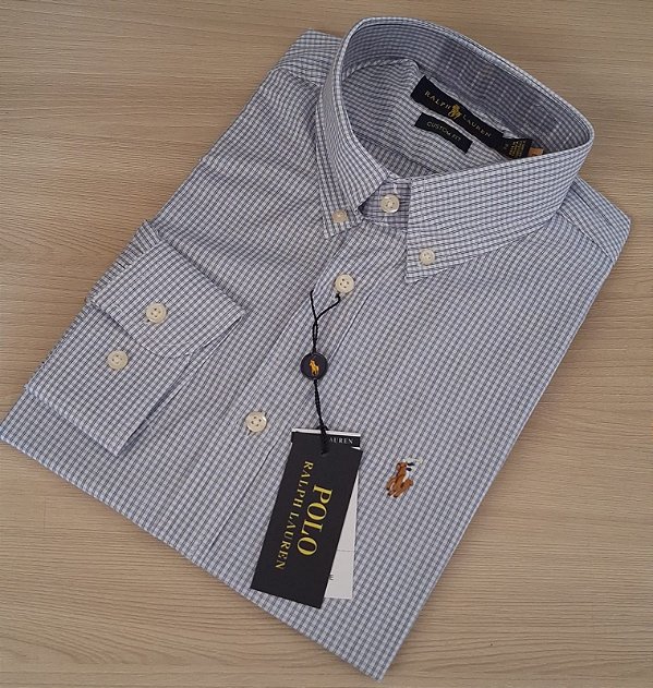 Camisa Ralph Lauren Quadriculada Manga Longa Branco Listras Dupla Azul Logo Colorido