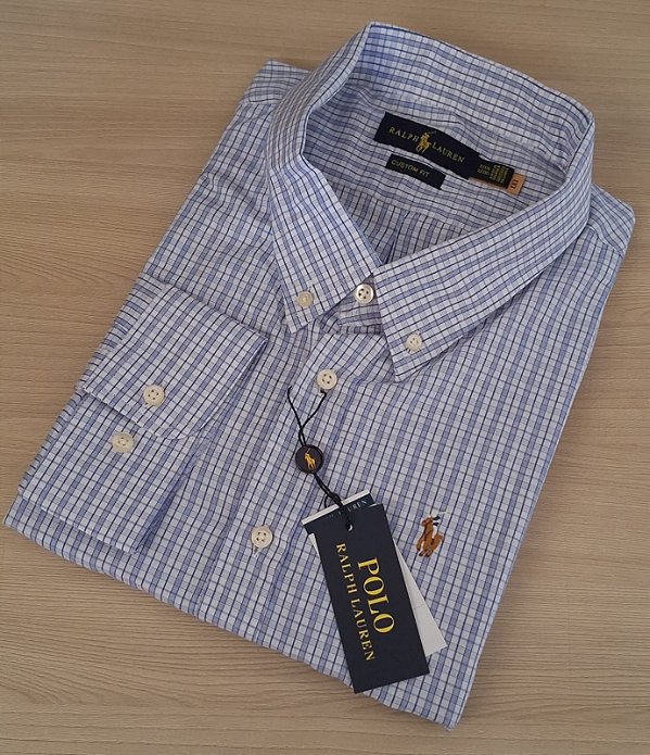 Camisa Ralph Lauren Quadriculada Manga Longa Branco Listras Azul Logo Colorido