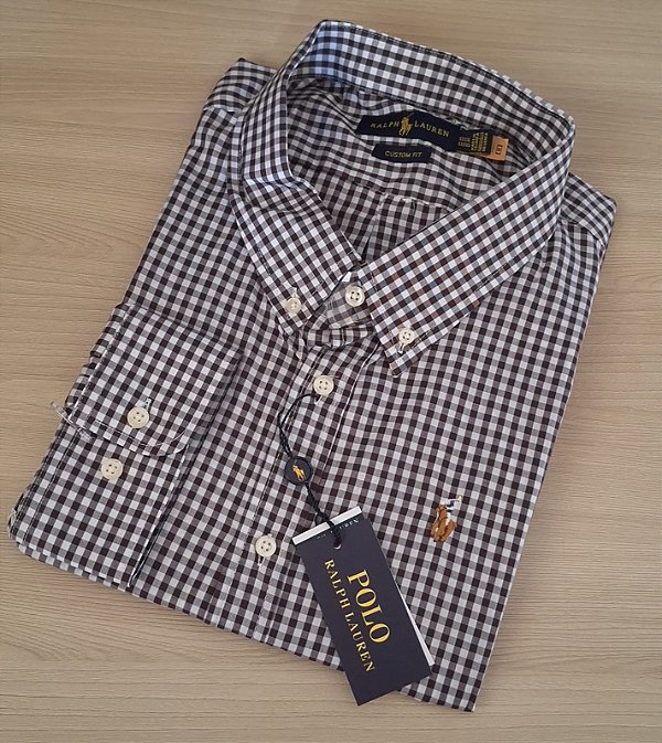 Camisa Ralph Lauren Xadrez Clássico Manga Longa Marrom Logo Colorido