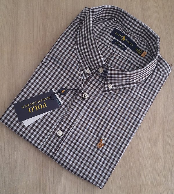 Camisa Ralph Lauren Xadrez Clássico Manga Curta Marrom Logo Colorido