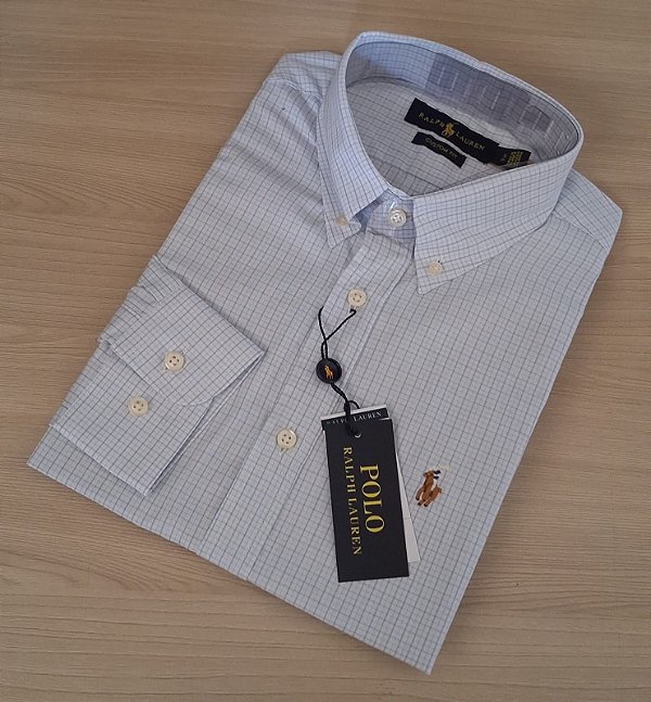 Camisa Ralph Lauren Xadrez Manga Longa Branco Listras Azul Claro Logo Colorido