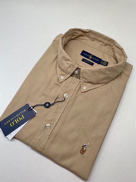 Camisa Social Oxford Manga Curta Caqui Logo Colorido
