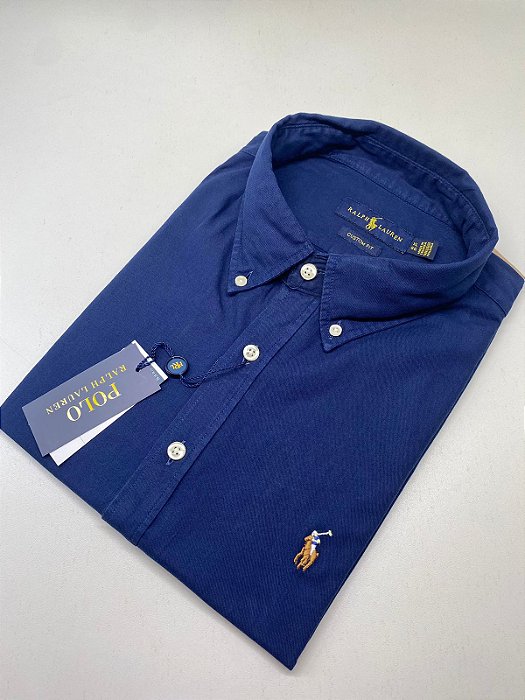 Camisa Social Oxford Manga Curta Marinho Logo Colorido