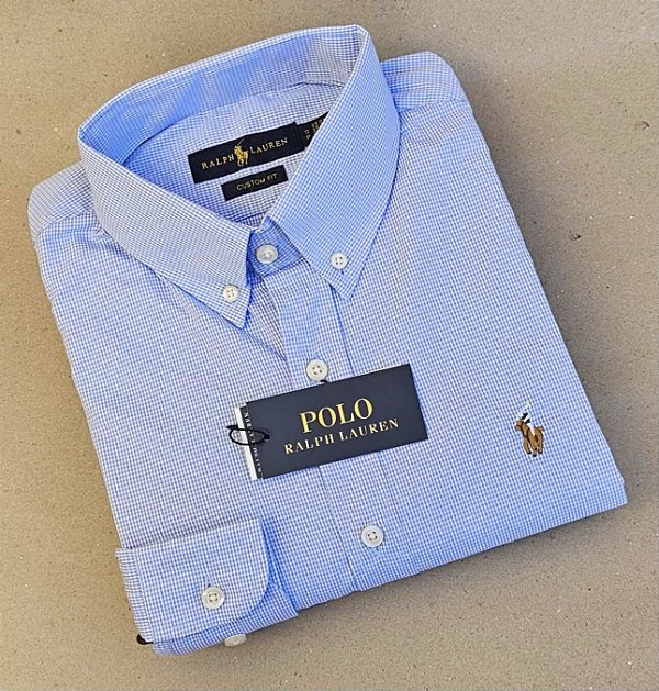 Camisa PRL Micro Xadrez Manga Longa Azul Claro Logo Colorido