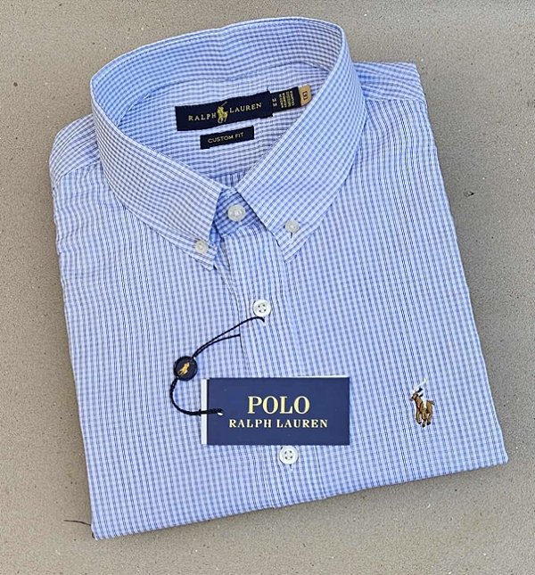 Camisa Ralph Lauren Quadriculada Manga Curta Branco Listras Dupla Azul Logo Colorido