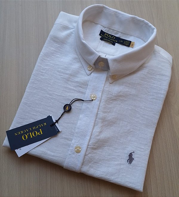 Camisa Social Linho Manga Curta Branco Logo Clássico Cinza