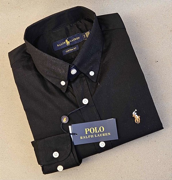 Camisa PRL Lisa Tecido Plano Manga Longa Com Elastano Preto Logo Colorido
