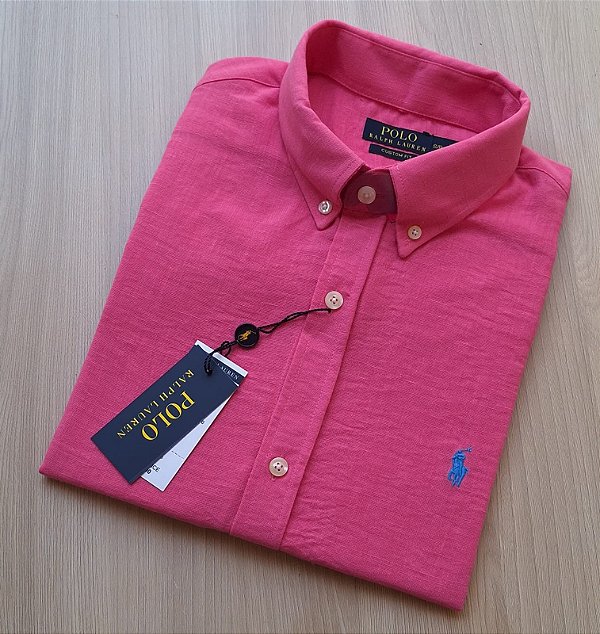 Camisa Social Linho Manga Curta Rosa Pink Logo Clássico Celeste