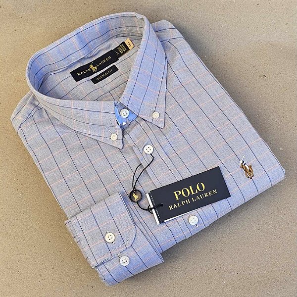 Camisa Ralph Lauren Quadriculada Manga Longa Cinza Listra Marinho Logo Colorido