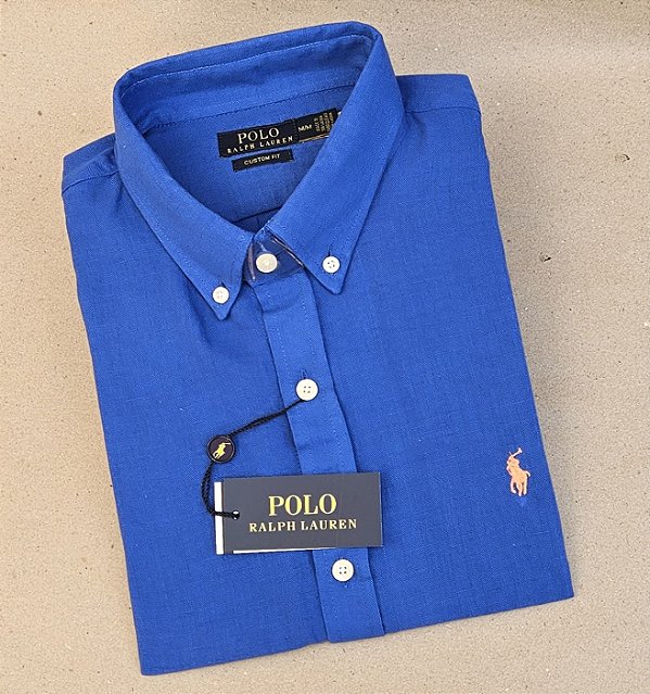 Camisa Social Linho Manga Curta Azul Royal Logo Clássico Laranja