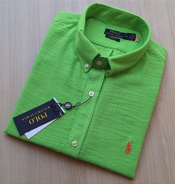 Camisa Social Linho Manga Curta Verde Limão Logo Clássico Laranja