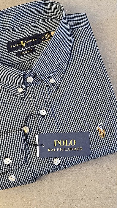 Camisa Ralph Lauren Micro Xadrez Manga Longa Preto Logo Colorido