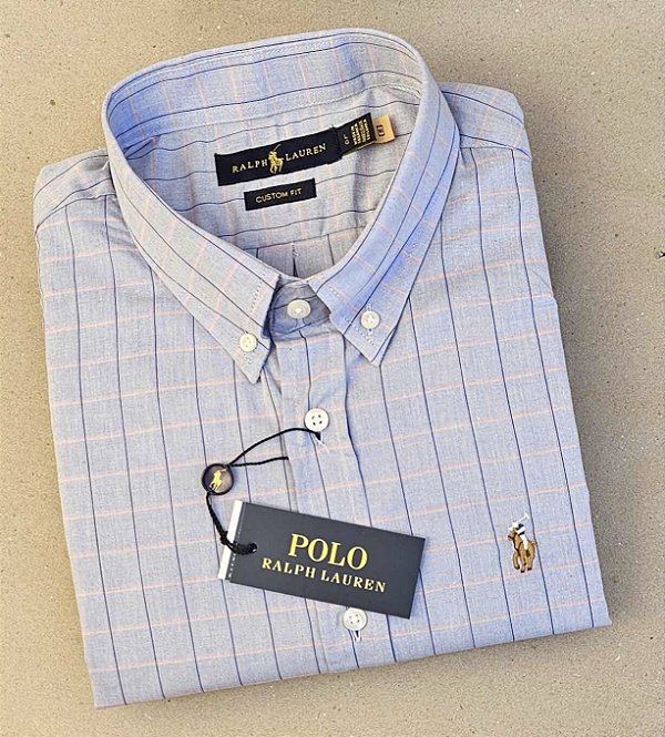 Camisa Ralph Lauren Quadriculada Manga Curta Cinza Listra Marinho Logo Colorido