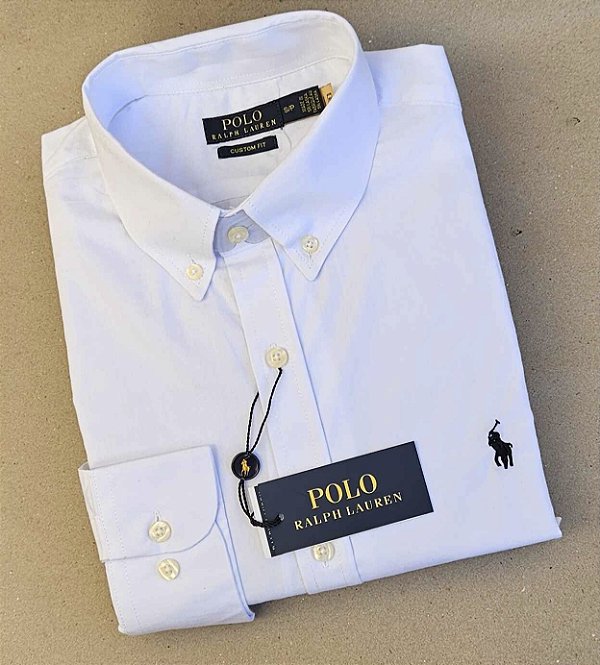 Camisa Social Tecido Plano Manga Longa Branco Logo Clássico Marinho