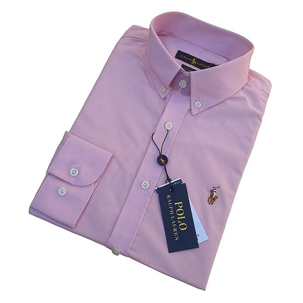Camisa Social Ralph Lauren Tricoline Manga Longa Rosa Claro Logo Colorido