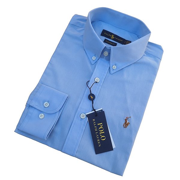 Camisa Social Ralph Lauren Tricoline Manga Longa Azul Claro Logo Colorido