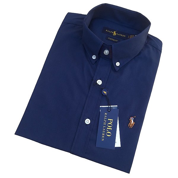 Camisa Social Ralph Lauren Tricoline Manga Curta Azul Marinho Logo Colorido