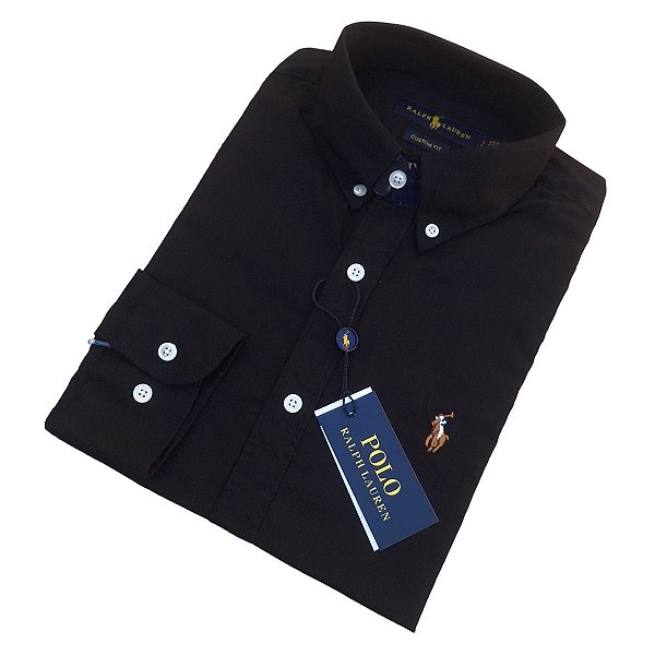 Camisa Social Ralph Lauren Tricoline Manga Longa Preto Logo Colorido