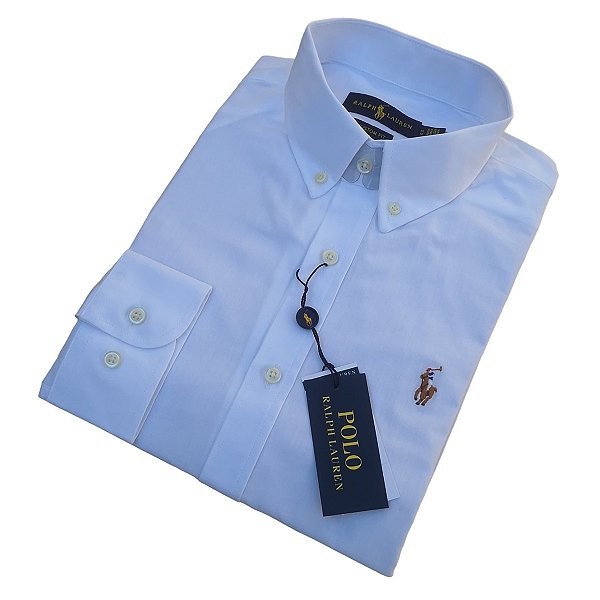 Camisa Social Ralph Lauren Tricoline Manga Longa Branco Logo Colorido