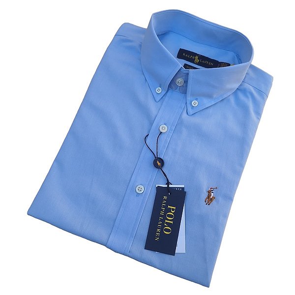 Camisa Social Ralph Lauren Tricoline Manga Curta Azul Claro Logo Colorido