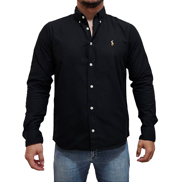Camisa Social Oxford Manga Longa Preto Logo Colorido