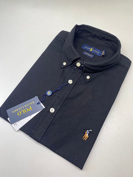 Camisa Social Oxford Manga Curta Preto Logo Colorido