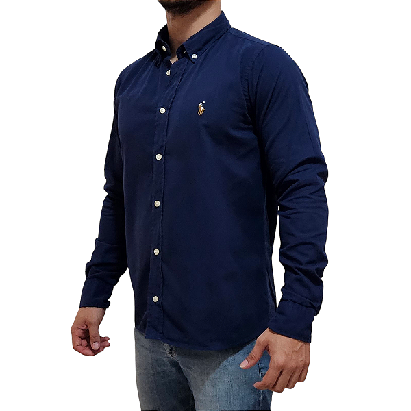Camisa Social Oxford Manga Longa Marinho Logo Colorido