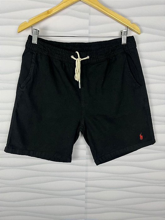 Short Sarja Ralph Lauren Preto Logo Clássico Vermelho